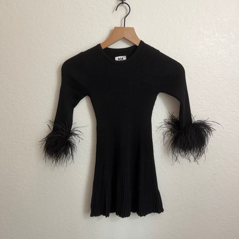 Milly Minis Girls' Feather Trim Long Sleeve Rib Knit Fit & Flare Dress Black 7/8